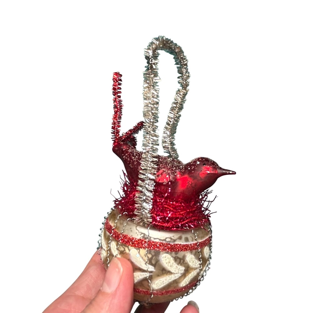 Christmas Ornament Red Bird on Mercury Glass Ball Tinsel Nest Vintage Style